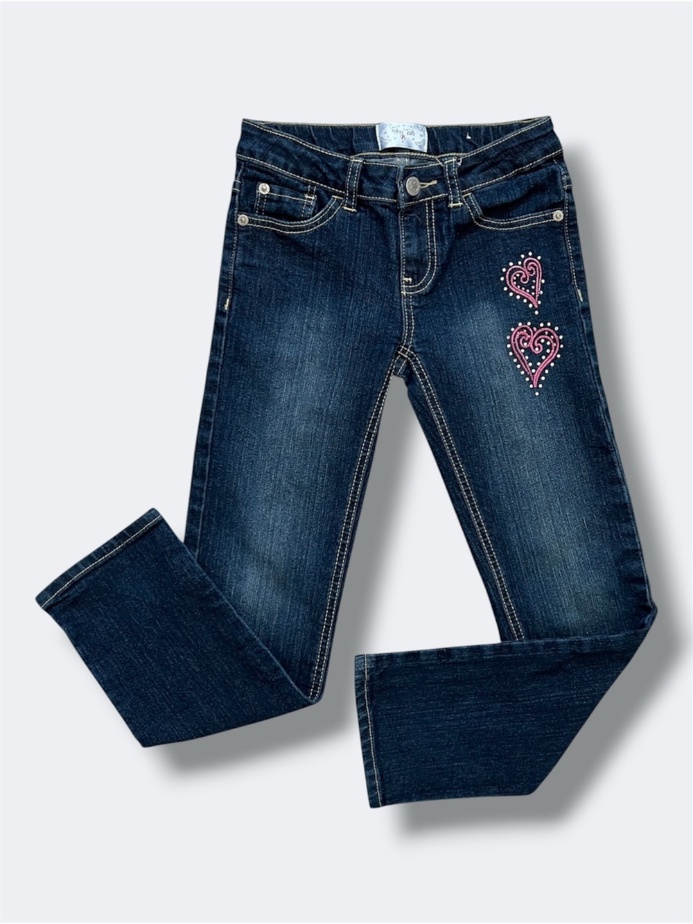🌵3/$20 Pony Tails Jeans Girls 8 Dark Wash Heart Embroidery Straight Leg Denim